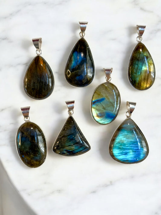 Mystic Aurora Labradorite Pendant in White Alloy (No Chain)
