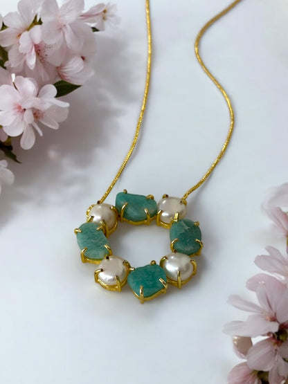 Amazonite And Pearl Chain Necklace