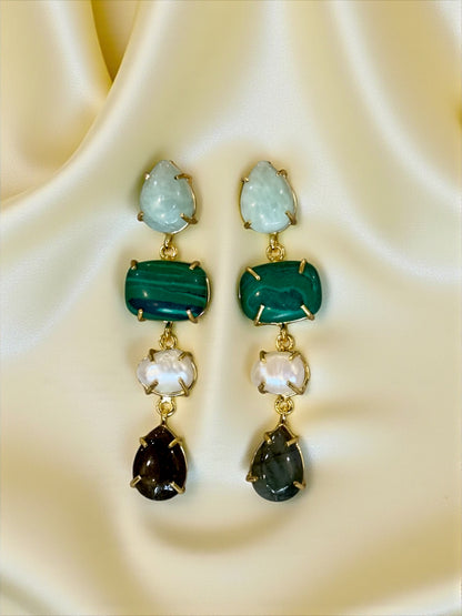 Stone and Pearl Long Danglers Earrings