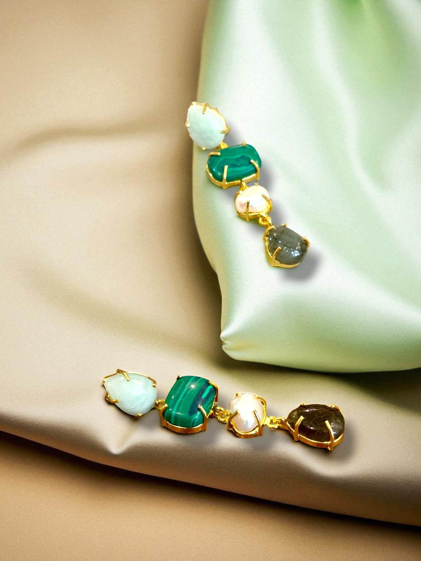 Stone and Pearl Long Danglers Earrings