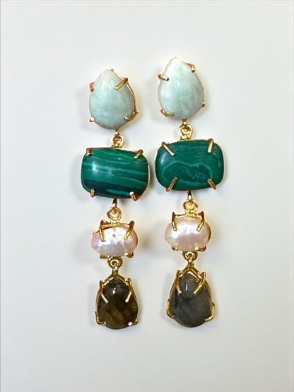 Stone and Pearl Long Danglers Earrings
