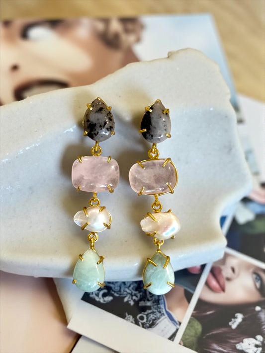 Stone and Pearl Long Danglers Earrings