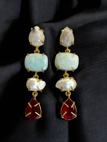 Stone and Pearl Long Danglers Earrings