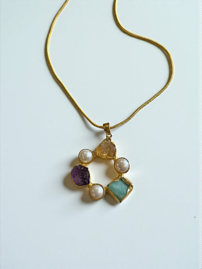 Infinity Circle Stone and Pearl Necklace