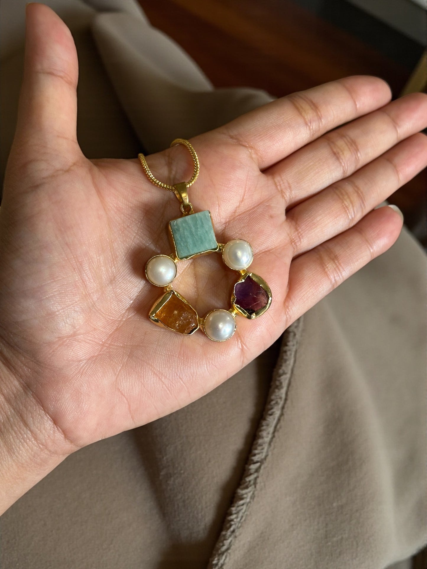 Infinity Circle Stone and Pearl Necklace