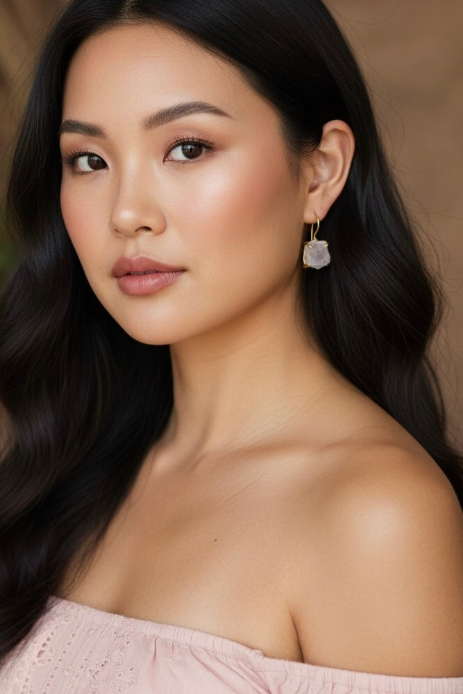 Pink Rose Quartz Gold Plated Saisha Stone Drop Studs