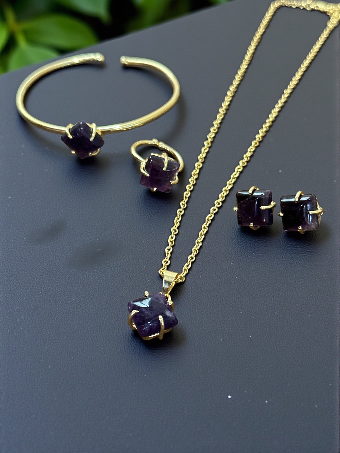5 PCS Amethyst Pendent Set with Ring and Bracelet