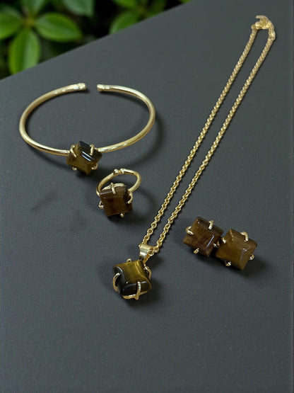 5 PCS Tiger's Eye Pendent Set with Ring and Bracelet