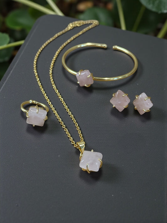 5 PCS Rose Quartz Pendent Set with Ring and Bracelet