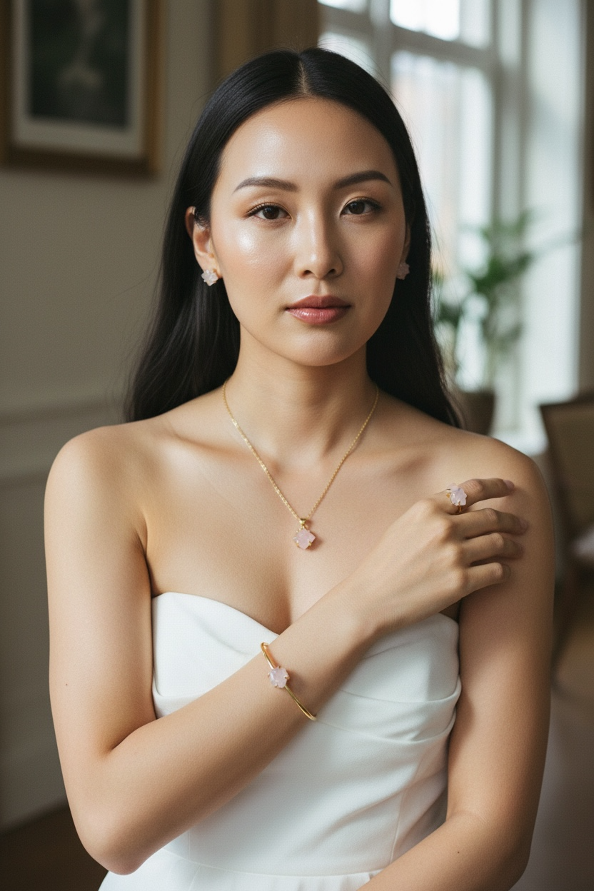 5 PCS Rose Quartz Pendent Set with Ring and Bracelet