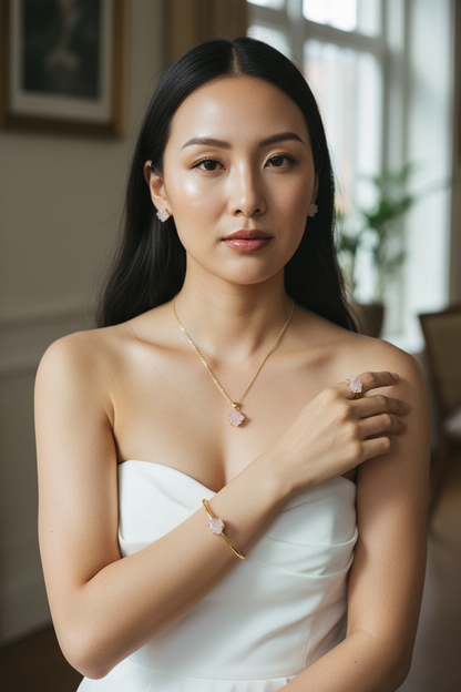 5 PCS Rose Quartz Pendent Set with Ring and Bracelet