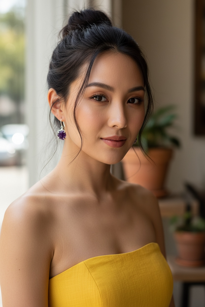 Purple Amethyst Silver Plated Saisha Stone Drop Studs