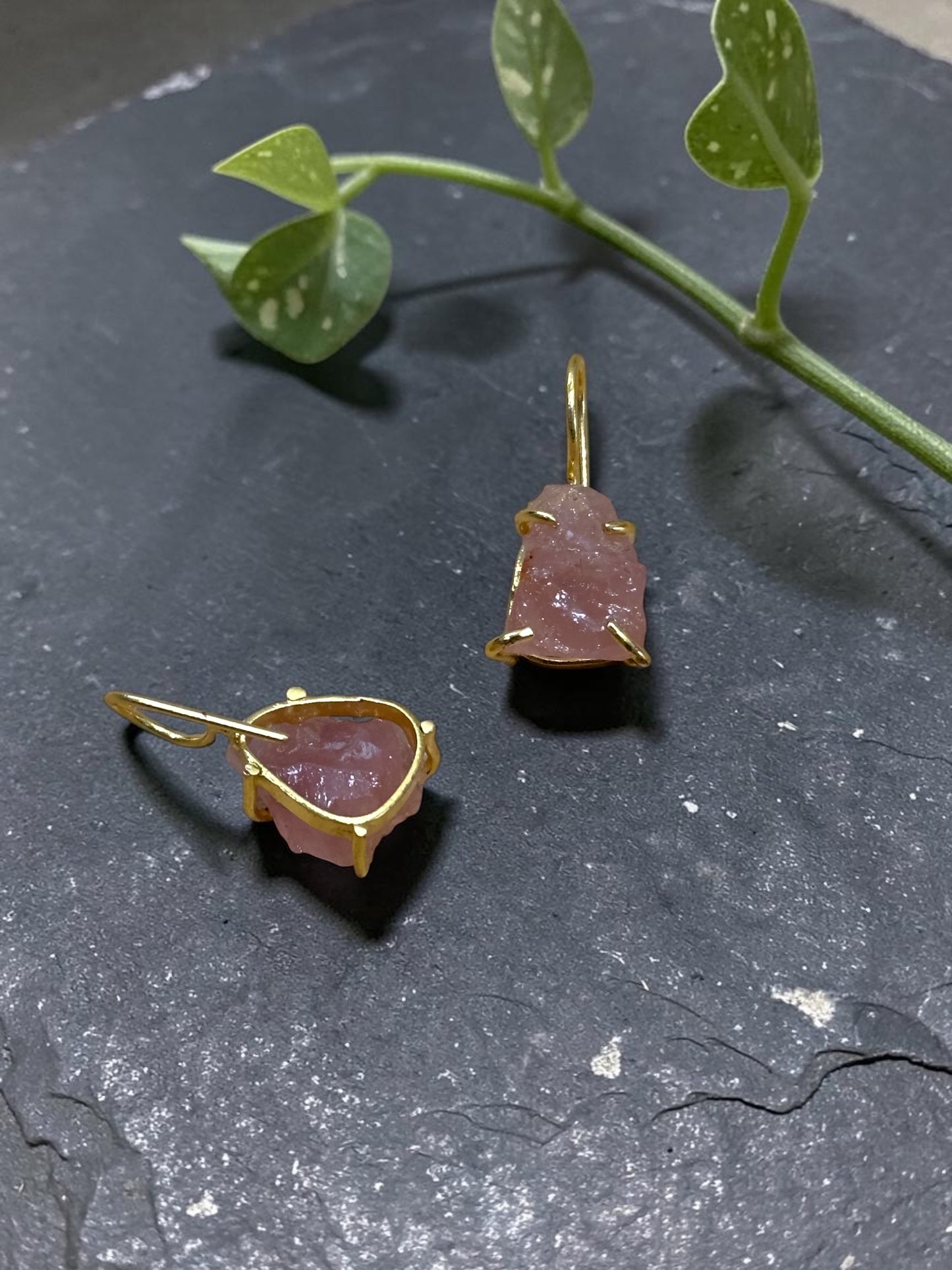 Pink Strawberry Quartz Gold Plated Saisha Stone Drop Studs