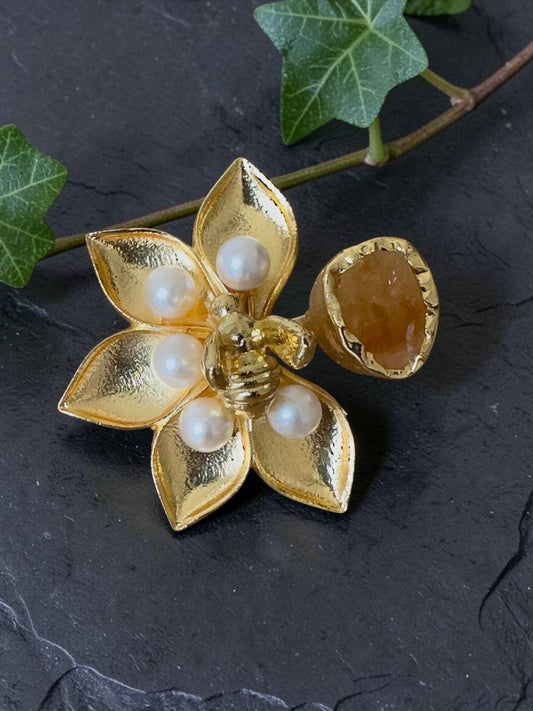Bee And Flower Stone Ring