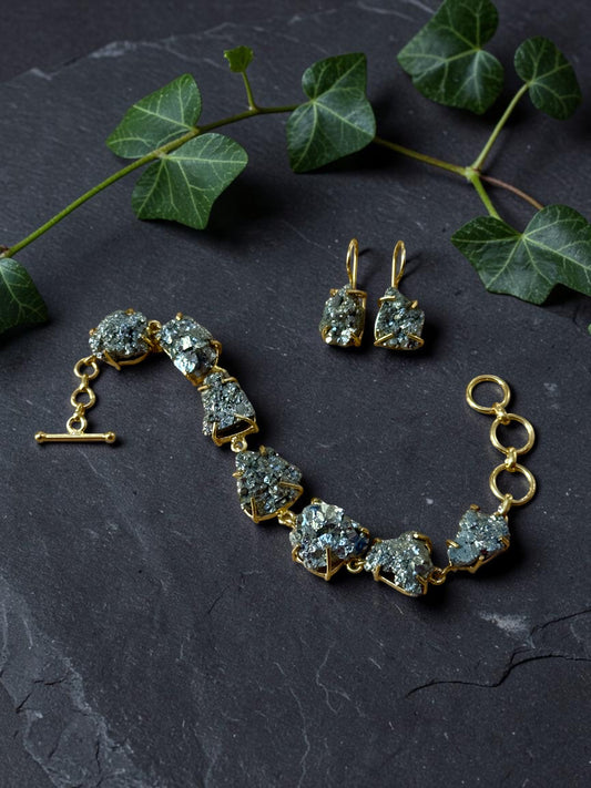 Raw Pyrite Saisha Combo Set - Bracelet and Drops