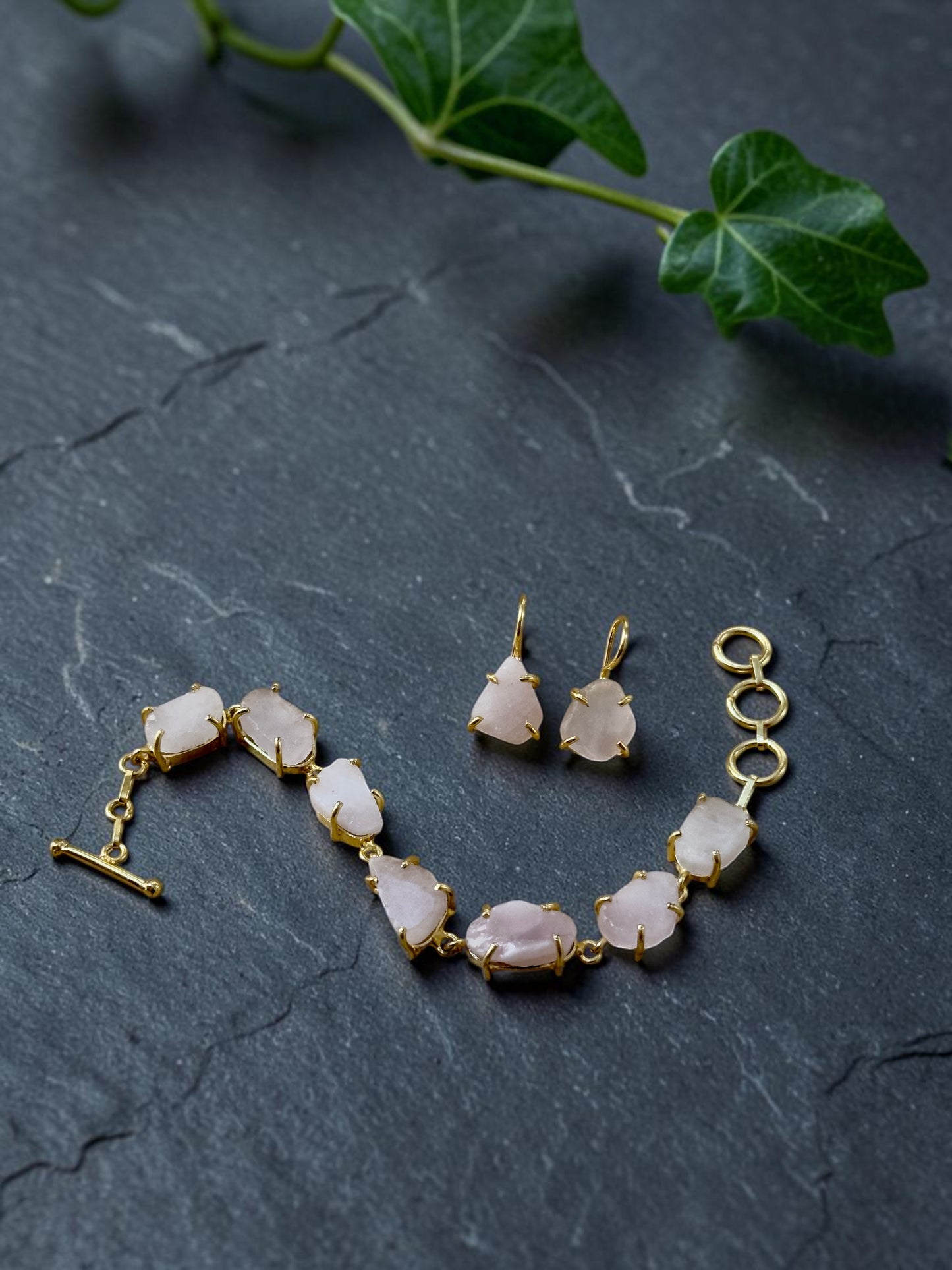 Rose Quartz Saisha  Combo Set - Bracelet And Drop