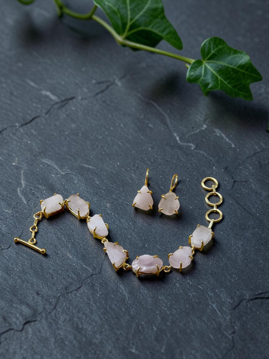 Rose Quartz Saisha  Combo Set - Bracelet And Drop