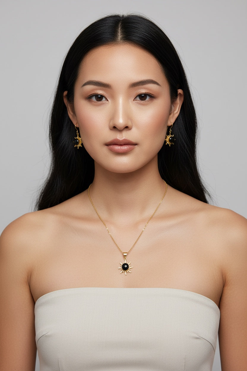 3PCS Black Onyx Surya Pendant Set