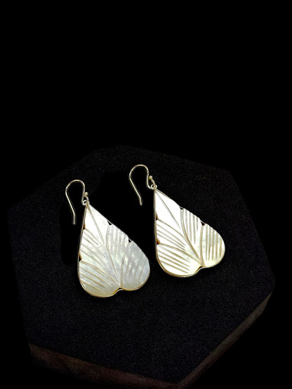 White Mother of Pearl Carved Leaf Earrings