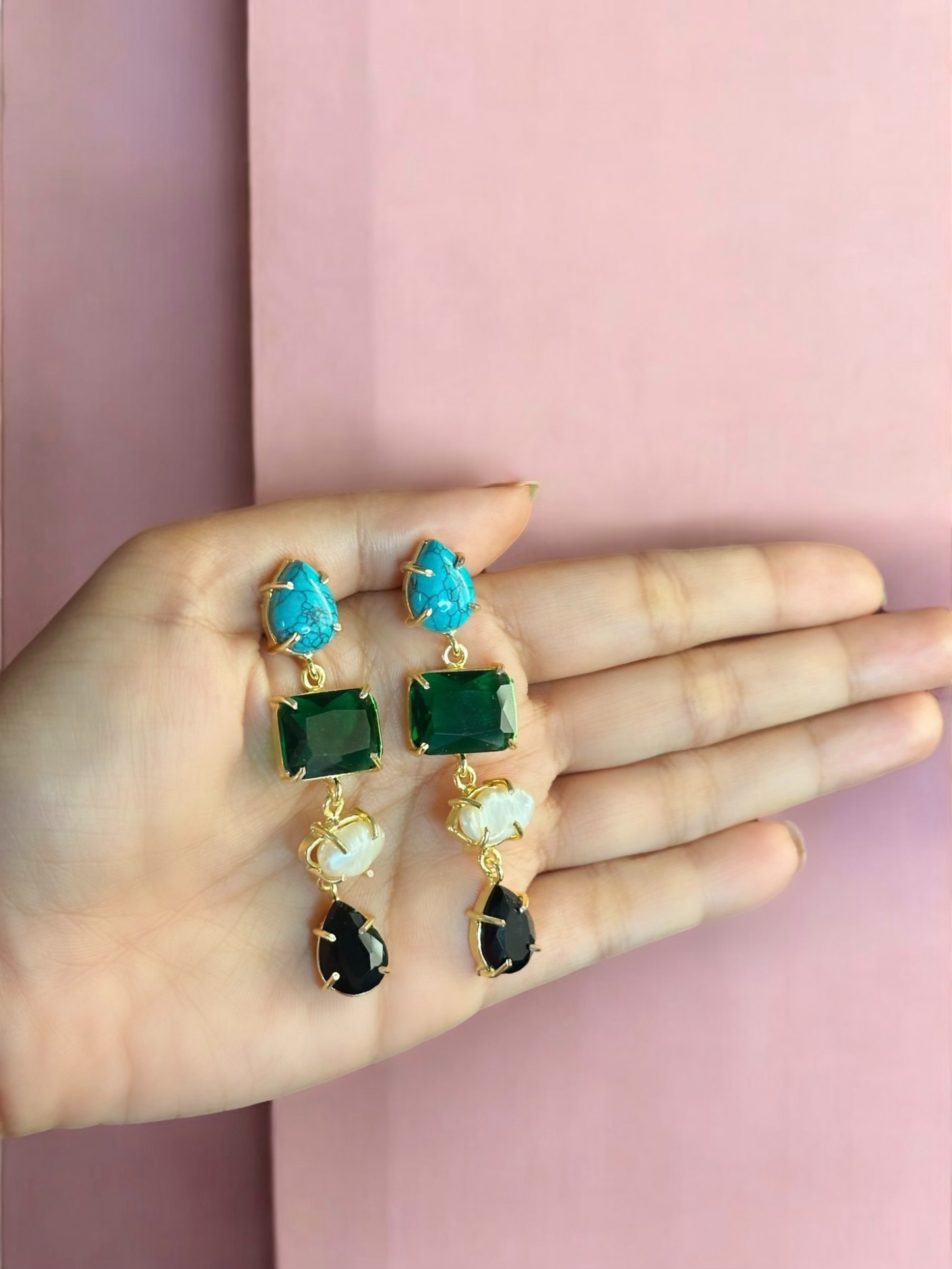 Stone and Pearl Long Danglers Earrings