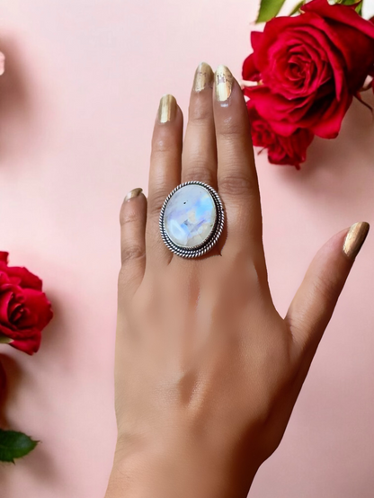 White Moonstone Chunky Adjustable Alloy Ring